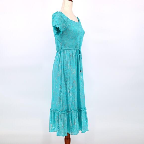 Michael Kors Women Turquoise Foil Off The Shoulder Smocked Midi Dress Size L - Picture 2 of 4